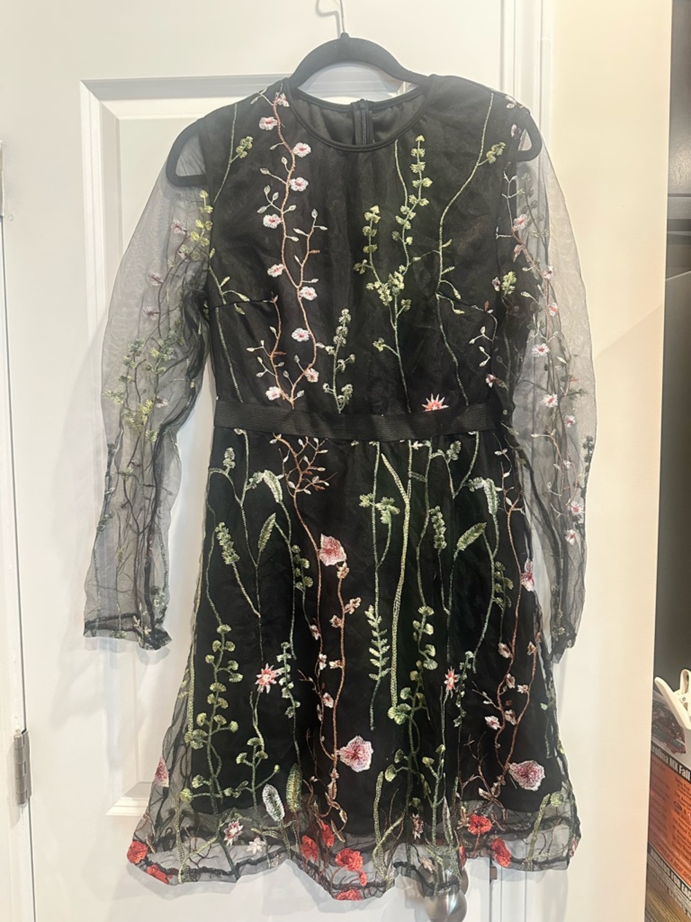 Source Unknown Black Mesh Dress with Floral Embroidery